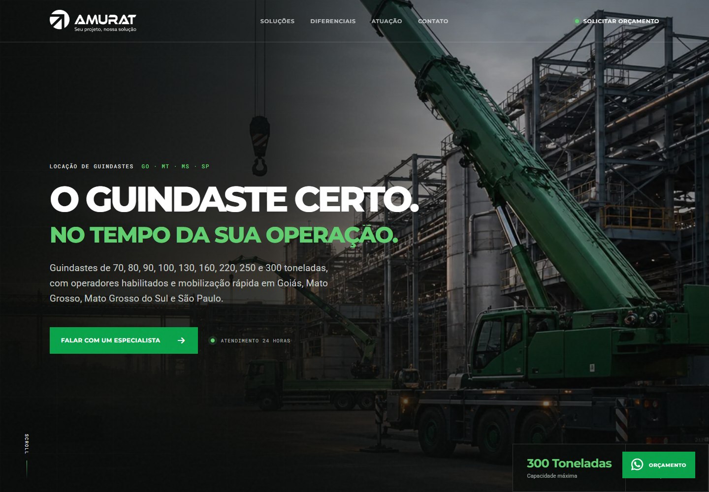 Página da Amurat, locação de guindastes, com fotografia industrial e destaque em verde