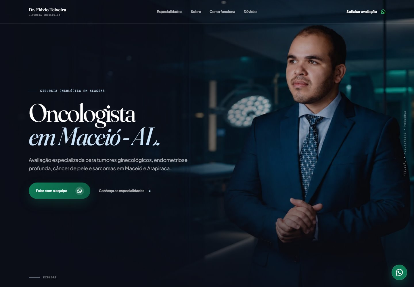 Página do Dr. Flávio Teixeira, cirurgião oncológico, com visual sóbrio em tons escuros