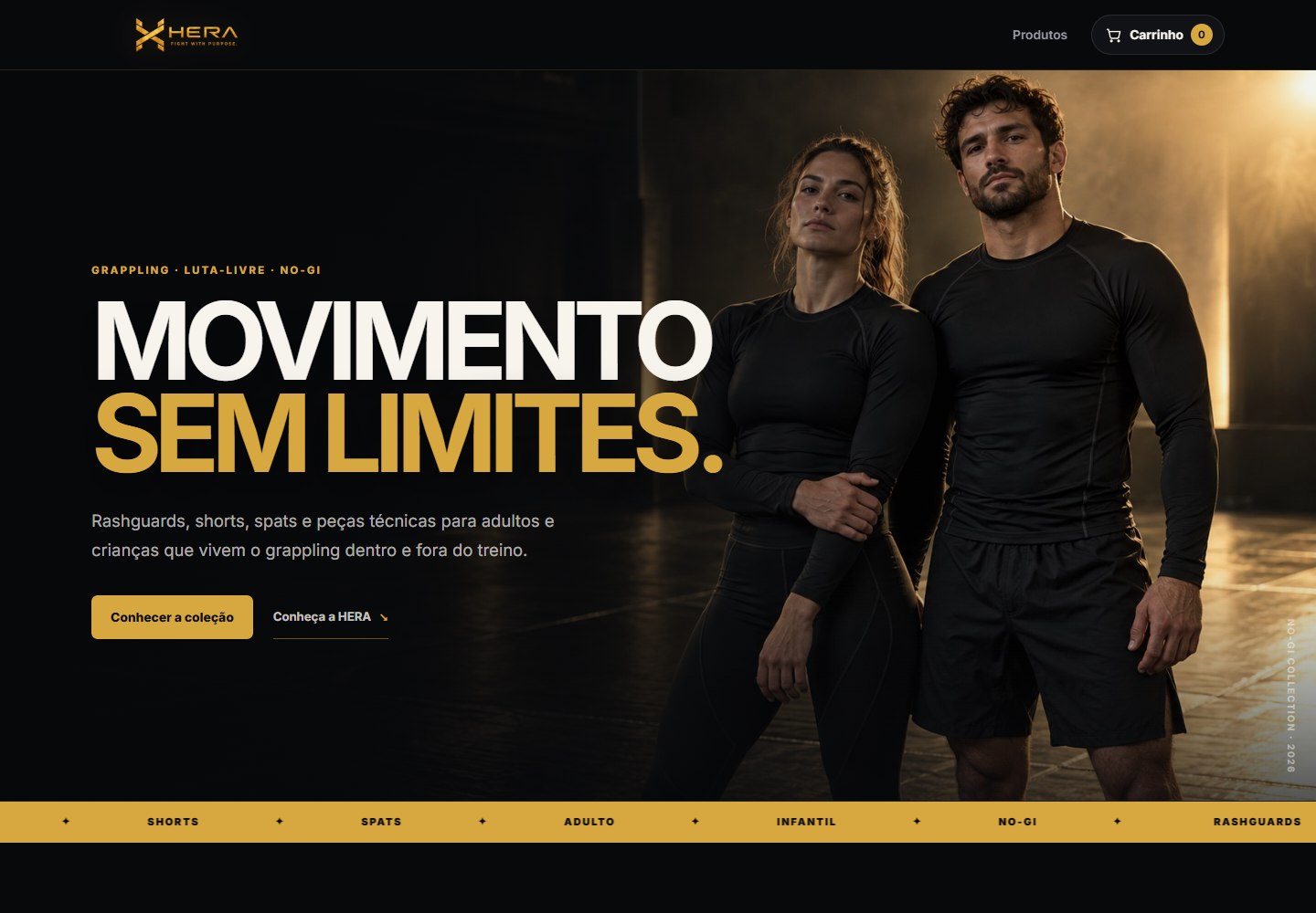Página da loja HERA Fightwear, com fotografia esportiva em tons escuros e dourados
