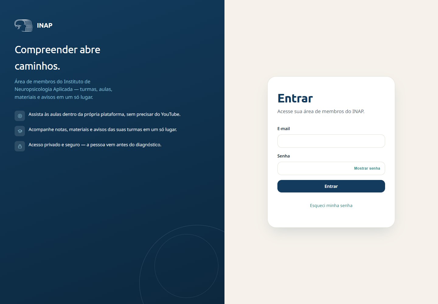 Tela de acesso do portal INAP, com identidade em azul-marinho e branco