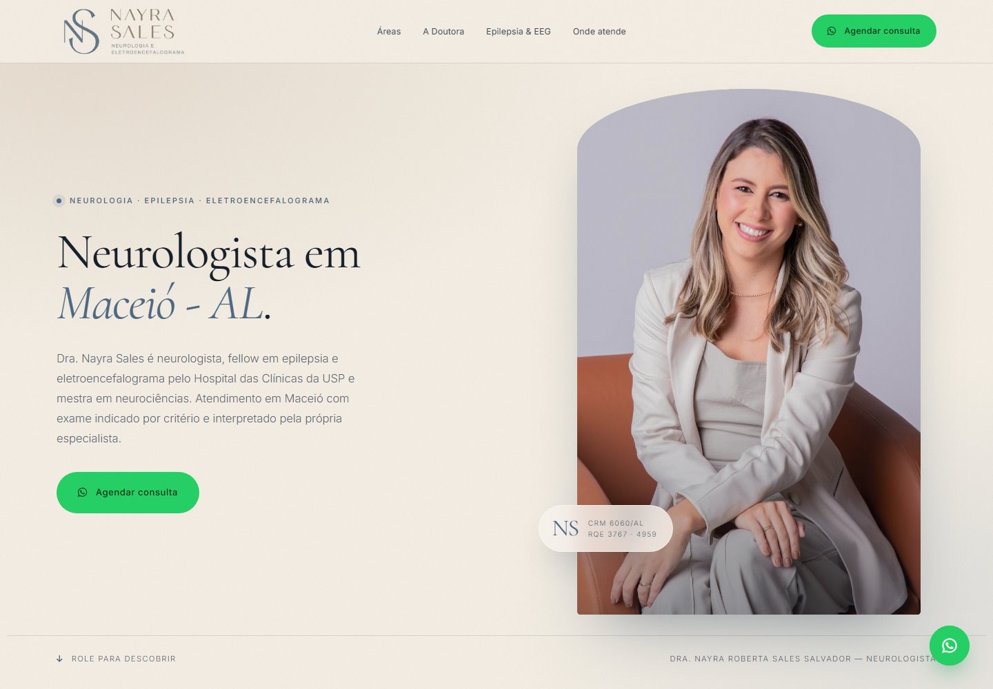 Página da Dra. Nayra Sales, neurologista, com visual claro e elegante