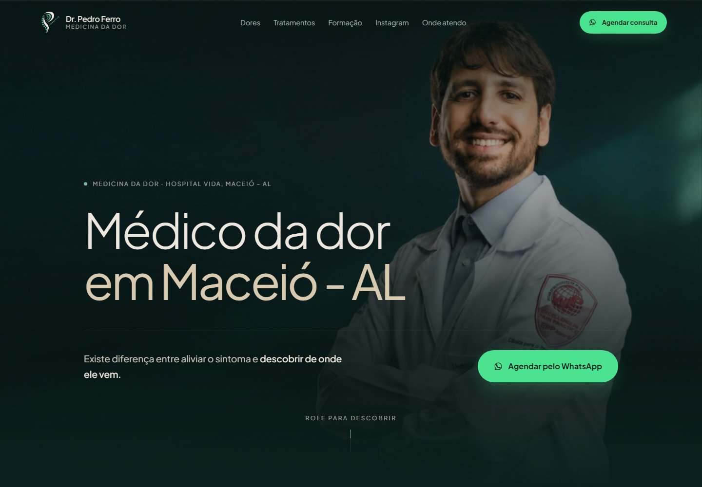 Página do Dr. Pedro Ferro, médico da dor, com visual profundo em tons de verde